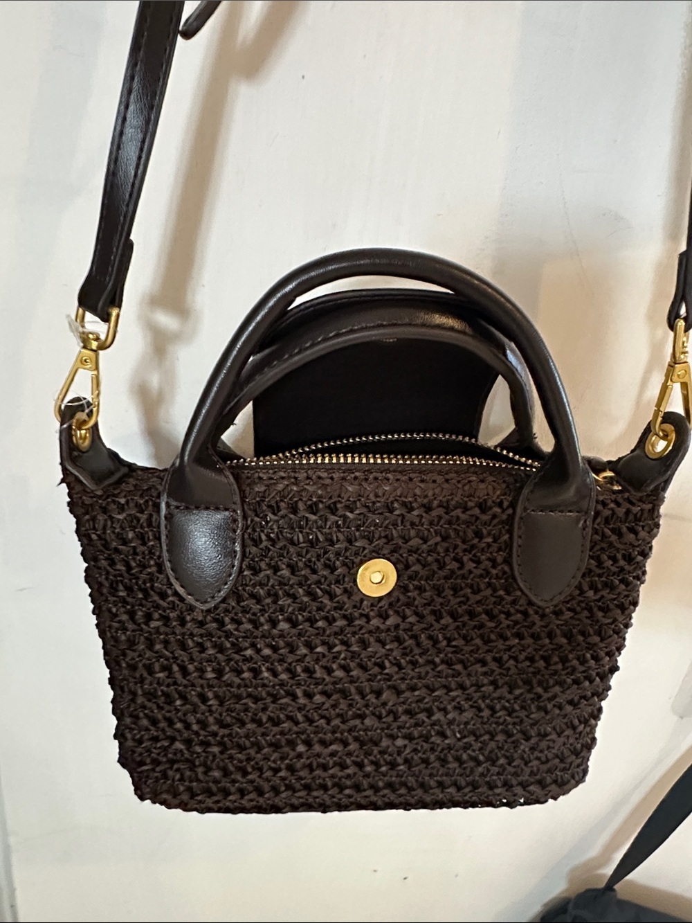 Handwoven Brown Straw Crossbody Bag with Leather Trim